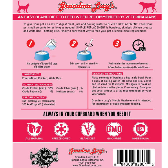 Back of a Grandma Lucy's pet food package with instructions and product details on a pink background.