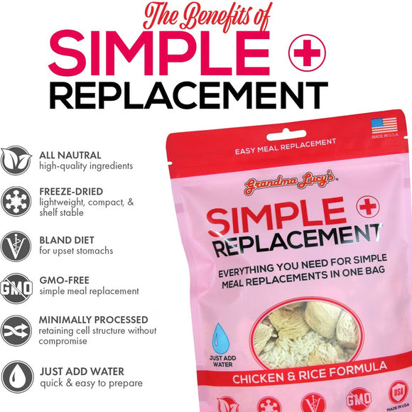Package of Grandma Lucy's Simple Replacement with benefits listed on a white background