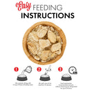 Feeding instructions for pet food with a bowl of food and step-by-step icons.