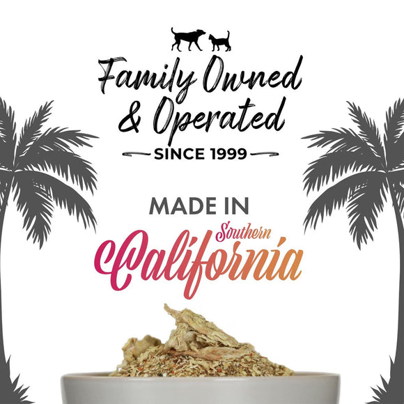 Product with text 'Family Owned & Operated Since 1999, Made in Southern California' and palm tree graphics on a white background.