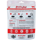 Back of a Grandma Lucy's pet food package with text and icons on a white background