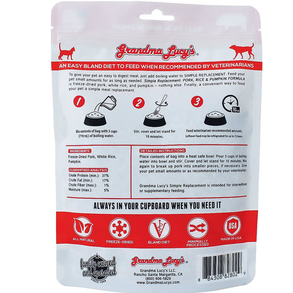 Back of a Grandma Lucy's pet food package with text and icons on a white background
