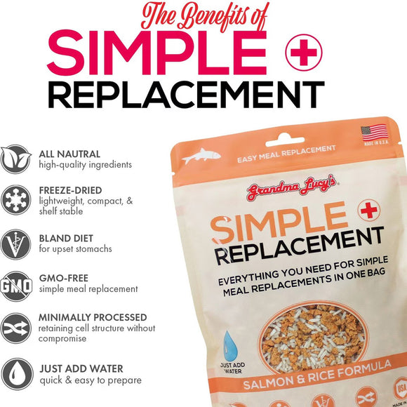 Package of Grandma Lucy's Simple Replacement with features listed on a white background