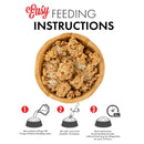 Bowl of food with easy feeding instructions on a white background