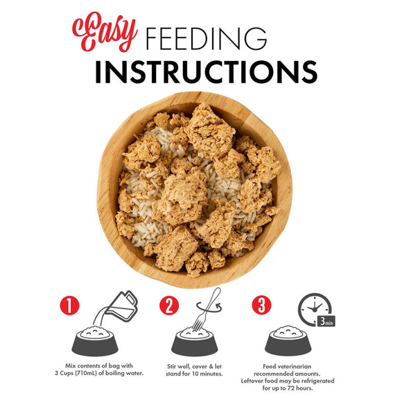 Bowl of food with easy feeding instructions on a white background
