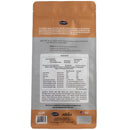 Back view of a pet food packaging with text and branding on a white background