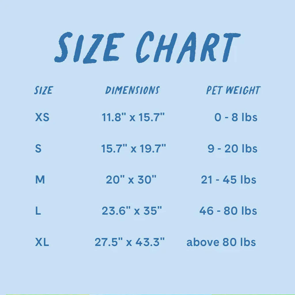 Green Pet Cool Pet Pad size chart