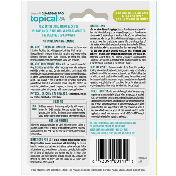 Sergeant's Guardian Pro Flea & Tick Topical for Cats, 6 lbs and over  backside