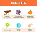List of benefits for a pet product on an orange and white background