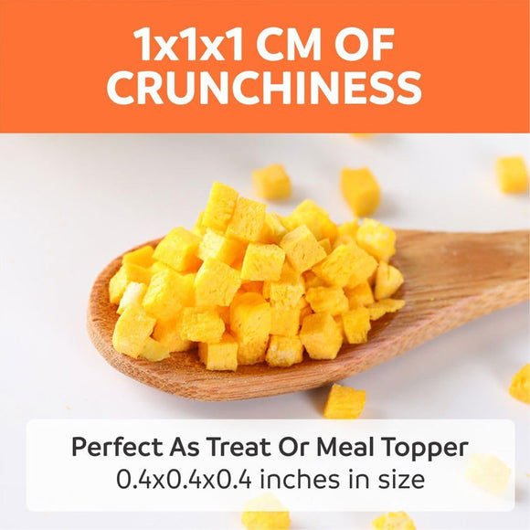 Wooden spoon filled with yellow cubes on a white background with text about crunchiness and size.