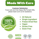 Product label for Happy Olly Pumpkin Bits with health benefits and certification logos on a white background.