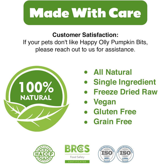 Product label for Happy Olly Pumpkin Bits with health benefits and certification logos on a white background.