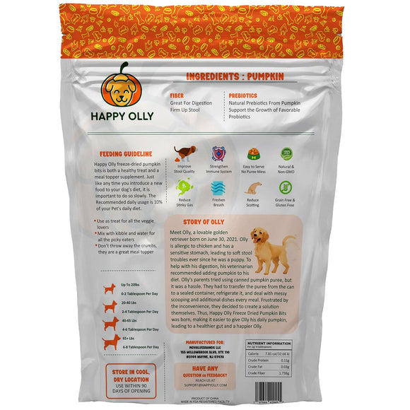 Back of a Happy Olly dog food package with text and graphics on a white background