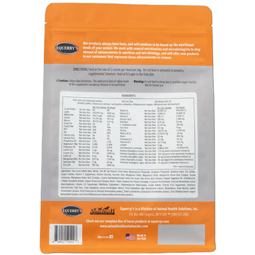 Back view of a supplement package with text and branding on an orange and gray background