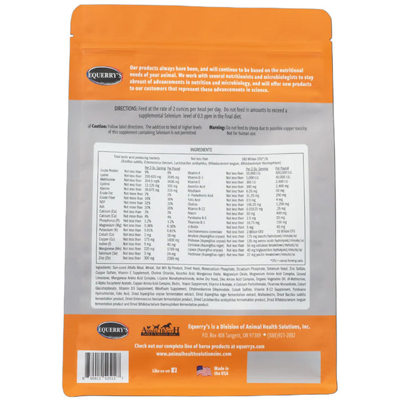 Back view of a supplement package with text and branding on an orange and gray background