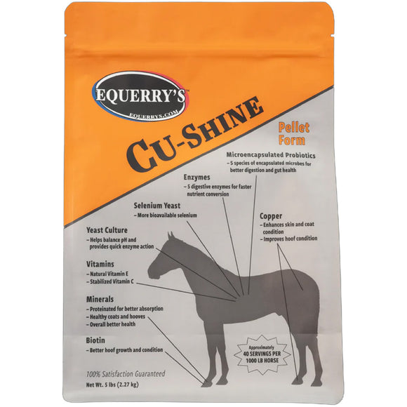Equirry's Cu-Shine pellet form supplement packaging for horses on an orange background