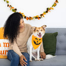 Woman sitting on a couch with a dog wearing a Halloween bandana, decorated room with fall-themed decorations.