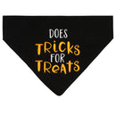 Black bandana with 'DOES TRICKS FOR TREATS' text on a white background