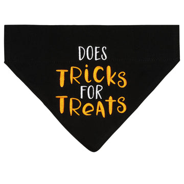 Black bandana with 'DOES TRICKS FOR TREATS' text on a white background
