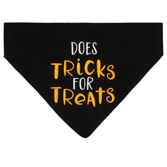 Black bandana with 'DOES TRICKS FOR TREATS' text on a white background