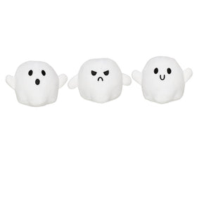 Three white ghost toys with different facial expressions on a white background