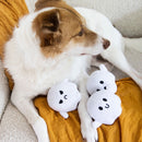 Dog lying on a yellow blanket with three ghost-shaped plush toys