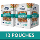 Three packages of Natural Balance dog food with text indicating 12 pouches.