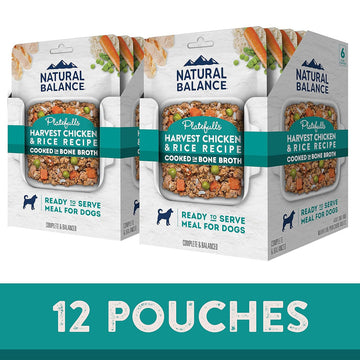 Three packages of Natural Balance dog food with text indicating 12 pouches.