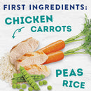 Ingredients for a dish with chicken, carrots, peas, and rice on a white background.