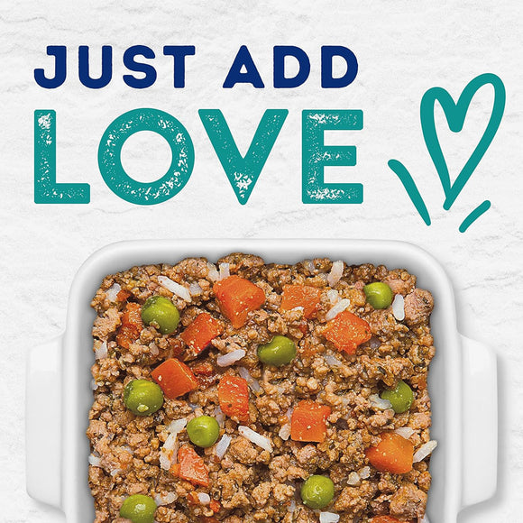 Casserole dish with ground meat, carrots, and peas on a white background with 'Just Add Love' text.