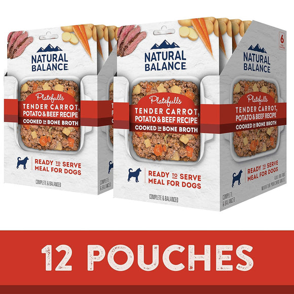 Three packages of Natural Balance dog food with a red banner indicating '12 pouches'.