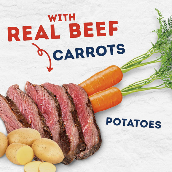 Meat, carrots, and potatoes on a textured surface with text highlighting 'real beef' and 'carrots'.