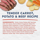 Product label for 'Tender Carrot, Potato & Beef Recipe' with ingredients listed.