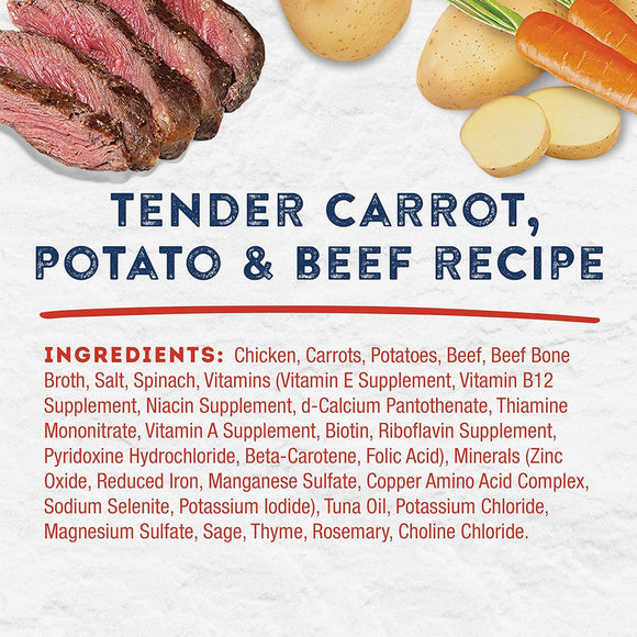 Product label for 'Tender Carrot, Potato & Beef Recipe' with ingredients listed.