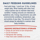 Feeding guidelines and instructions for a pet food product on a white background.