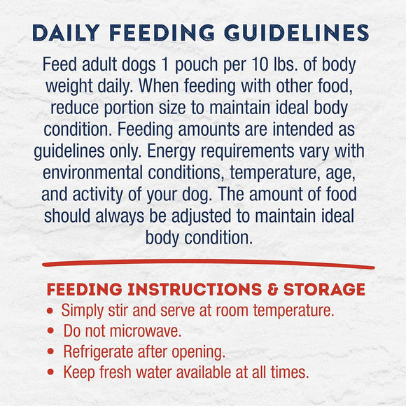 Feeding guidelines and instructions for a pet food product on a white background.
