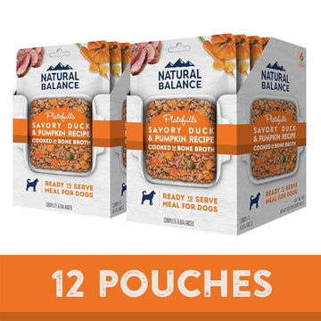 Packaging of Natural Balance Plateduels Savory Duck & Pumpkin Recipe for dogs with an orange banner indicating 12 pouches.