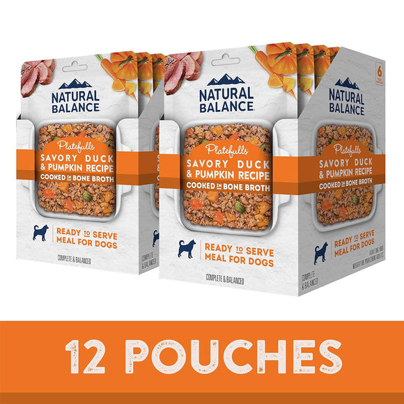 Packaging of Natural Balance Plateduels Savory Duck & Pumpkin Recipe for dogs with an orange banner indicating 12 pouches.