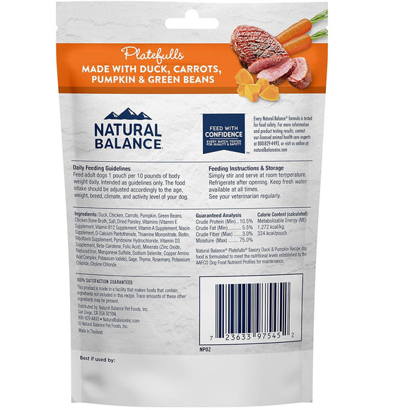 Back view of a Natural Balance dog food package with ingredients and feeding instructions.