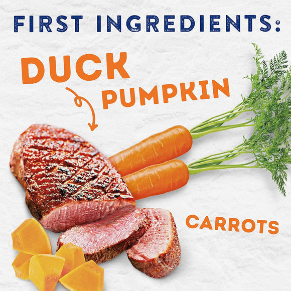 Duck, pumpkin, carrots, and meat on a white background with text indicating 'First Ingredients'.