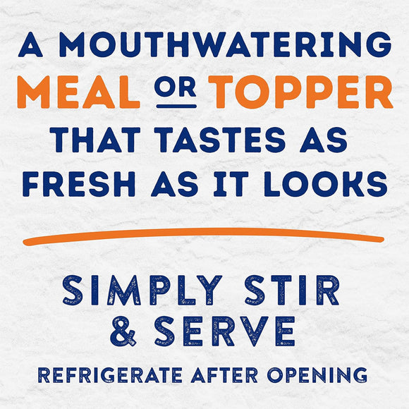 Text on a textured white background describing a product as a 'mouthwatering meal or topper'.