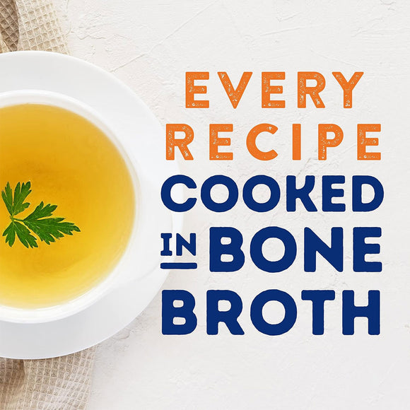 Bone broth in a white bowl with text overlay on a light background