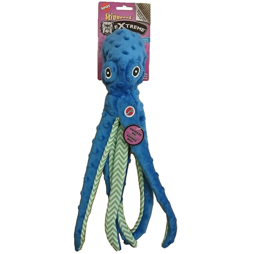 Ethical Skinneeez Extreme Stuffing-Free Squeaky Octopus Plush Dog Toy, Color Varies, 16" blue