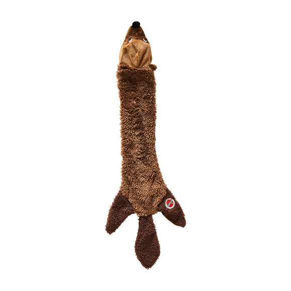 Brown plush dog toy shaped like a fish with a face on a white background