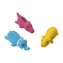 Three colorful alligator-shaped toys on a white background