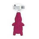Pink knitted toy with a label on a white background