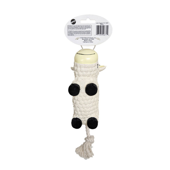 Dog toy shaped like a cow with a rope, on a white background