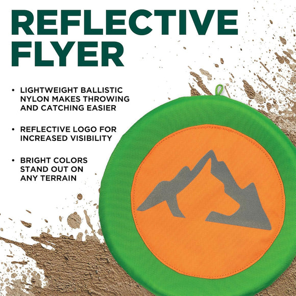 Reflective flyer with a mountain logo on an orange and green background