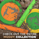 Two plastic animal tracks in orange and green on a muddy background with text 'Check out the entire muddy collection'.