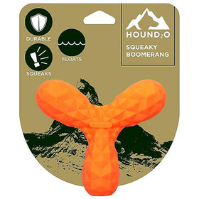 Orange dog toy with 'Hound2O' packaging on a beige background